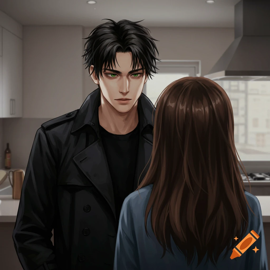 A man with green eyes stares intently at a woman with long brown hair in a kitchen.