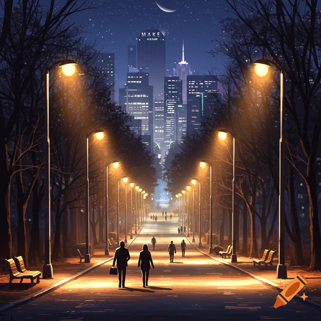 A wide park path lined with illuminated streetlights and trees at night, with people walking towards a distant city skyline.