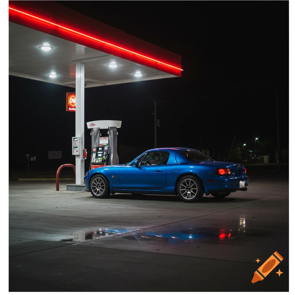 Blue 2003 Mazda Miata parked at a gas station at night under red neon lights. Photorealistic.