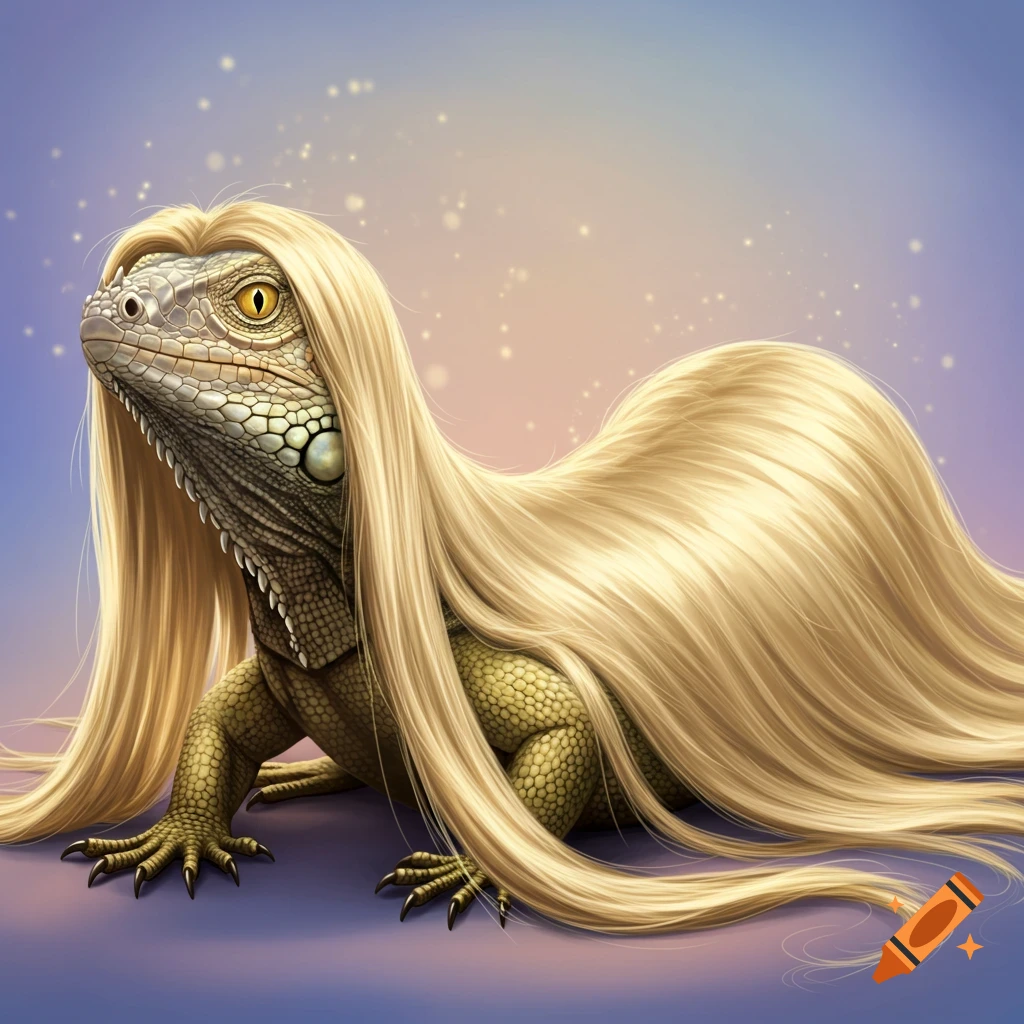 A reptile with long blonde hair