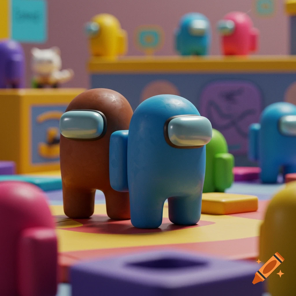 Colorful Among Us figures standing among toy blocks in a 3D render.