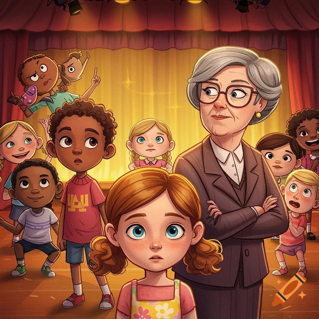 A diverse group of children and a teacher on a stage in a vibrant, whimsical setting.