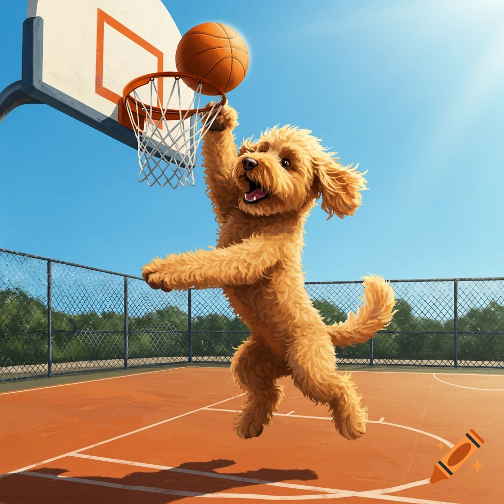 A golden doodle dog dunks a basketball on an outdoor court.