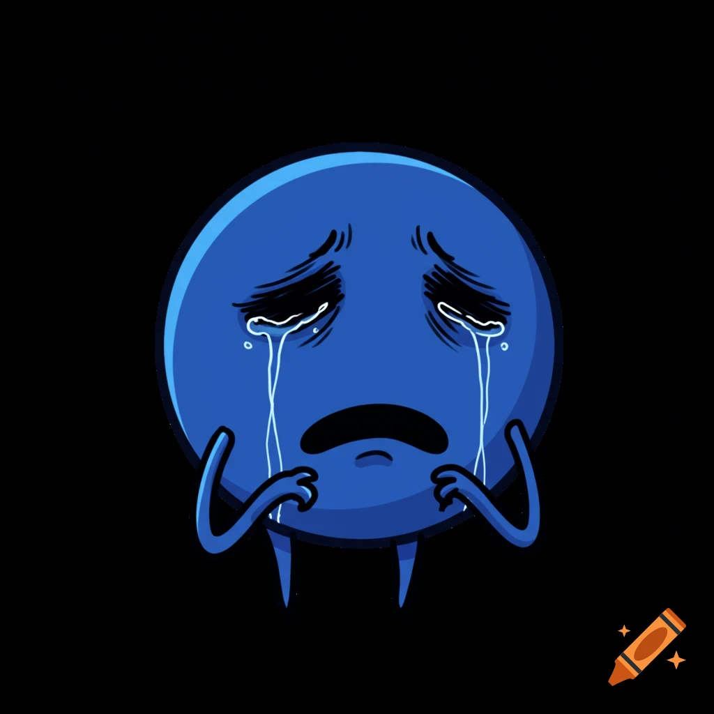 A sad blue cartoon character crying with tears streaming down.
