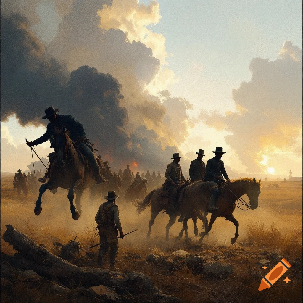 Men on horseback riding through smoke and dust at sunset