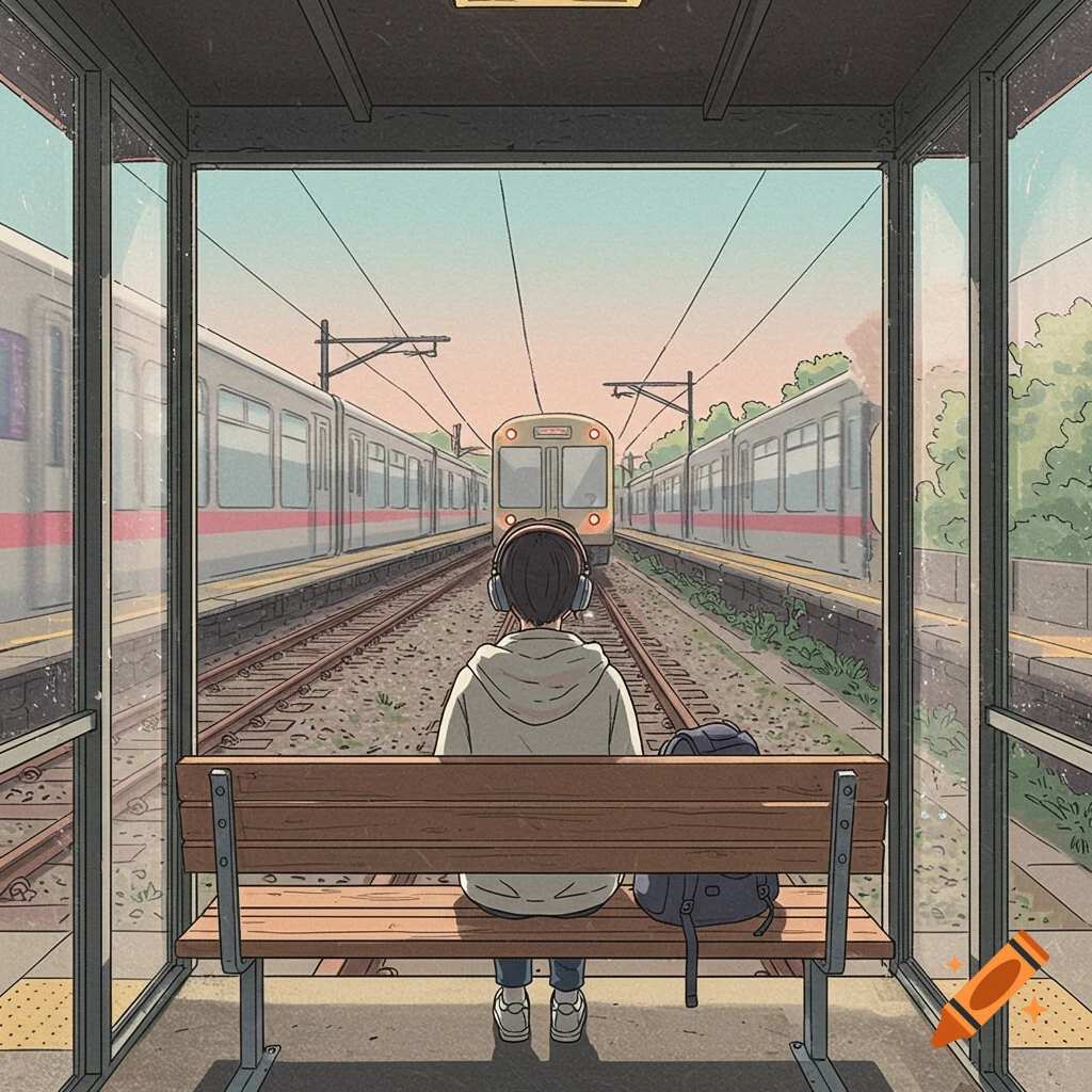 Back view of a person with headphones sitting on a bench at a train station, watching trains. Anime lofi style.