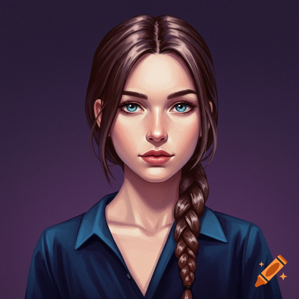 Portrait of a young woman with a braid and blue eyes wearing a blue shirt.