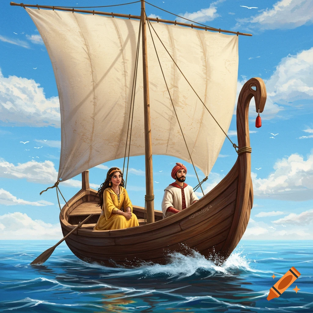 A man and woman sail a wooden boat on the ocean