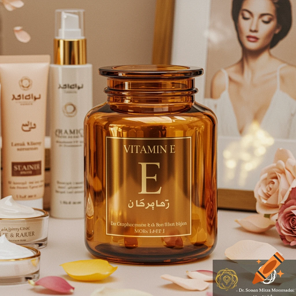 Still life photo of a golden Vitamin E jar, skincare products, rose petals, and a framed portrait of a woman.
