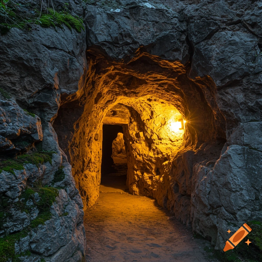 Cave entrance with warm light illuminating the interior