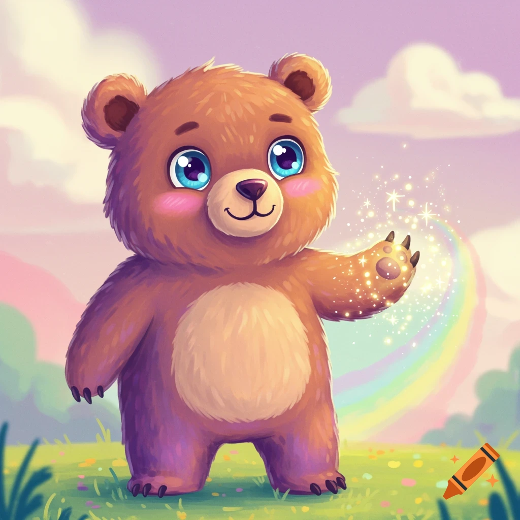 Cute cartoon bear with glittery paw in a meadow with a rainbow.