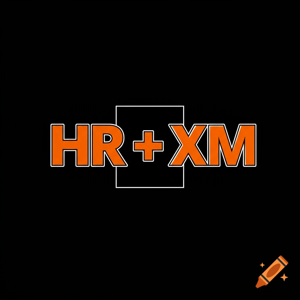 The text HR + XM in orange with a black outline on a black background, inside a white square outline.