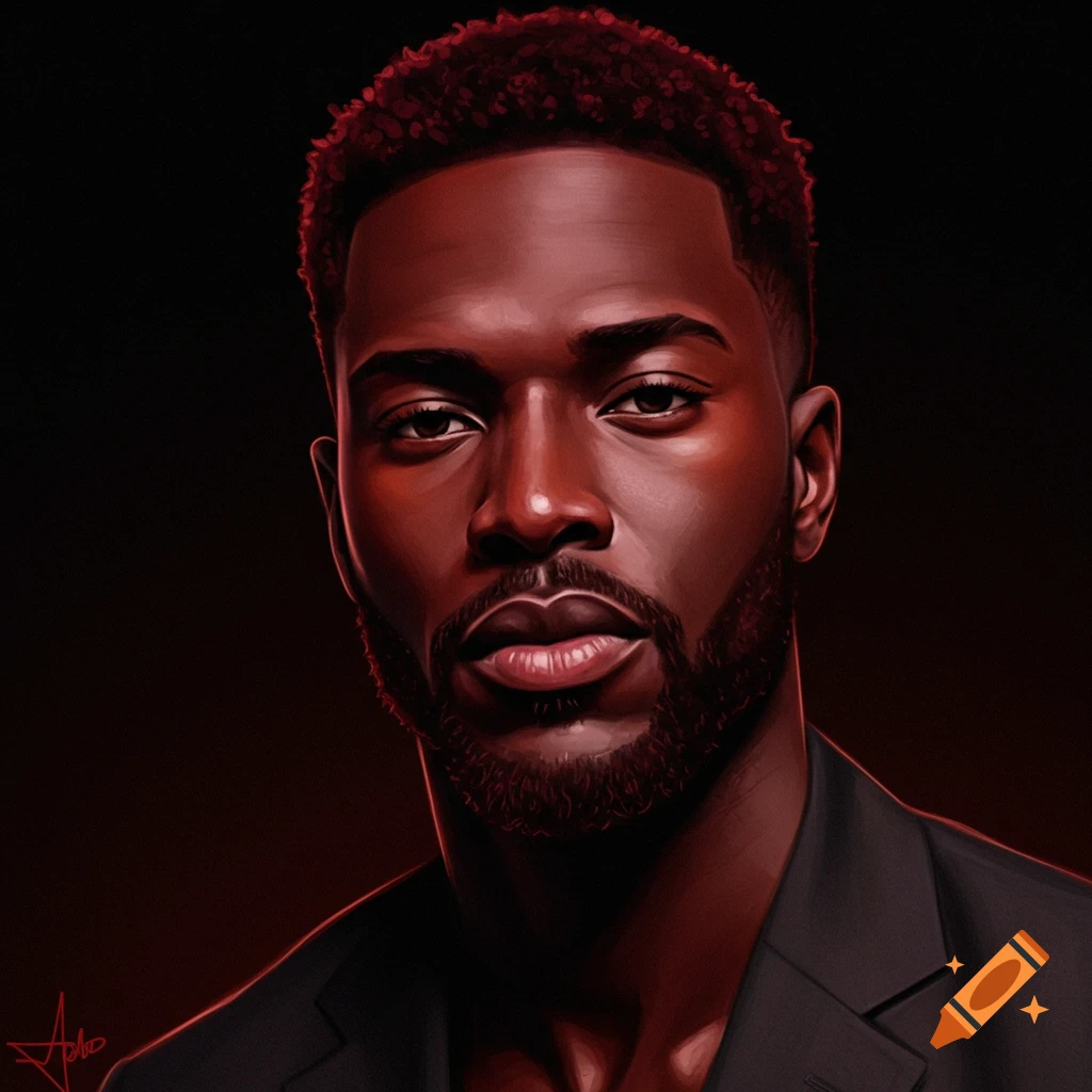 Painting of a man with dark skin and maroon hair.