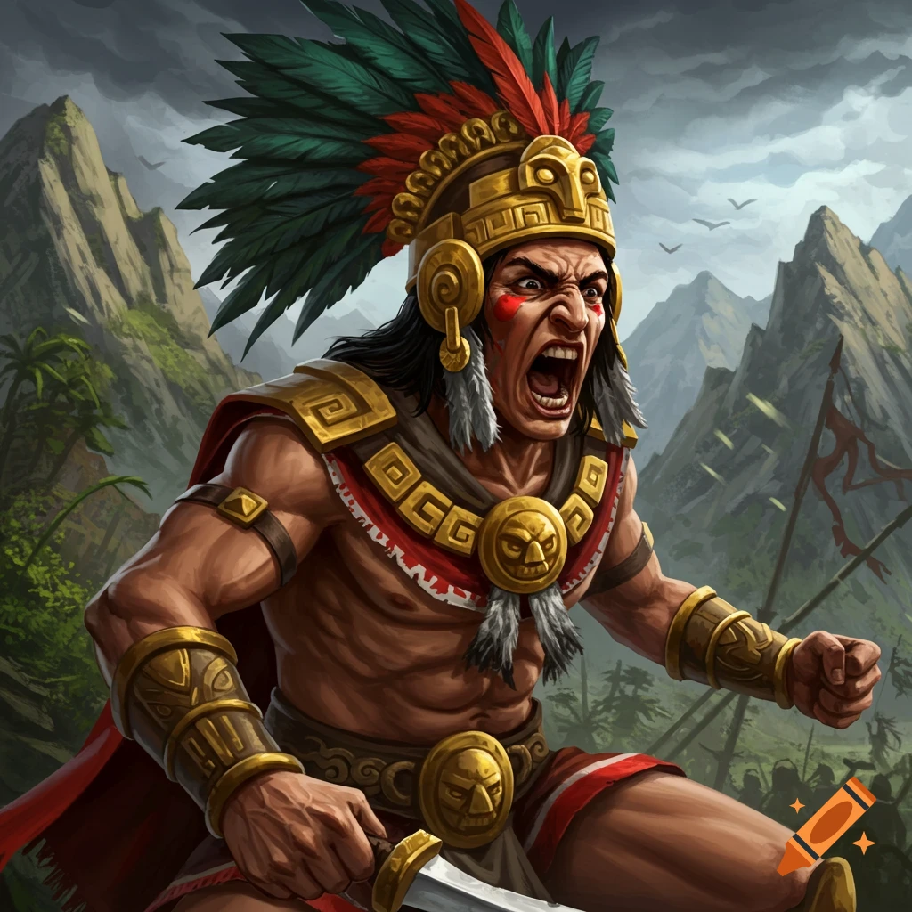 An Inca warrior doing a war cry in a mountainous jungle setting.