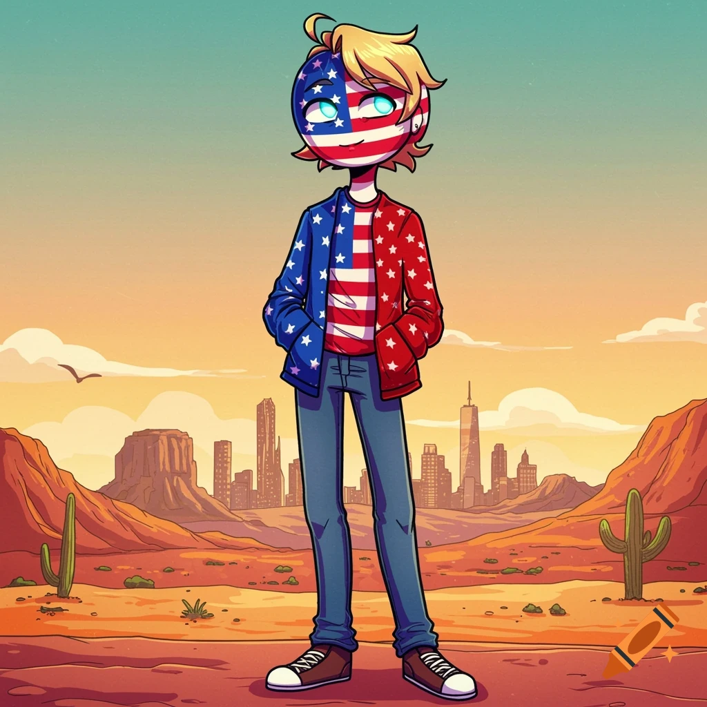 Cartoon person with USA flag face and jacket in a desert city landscape