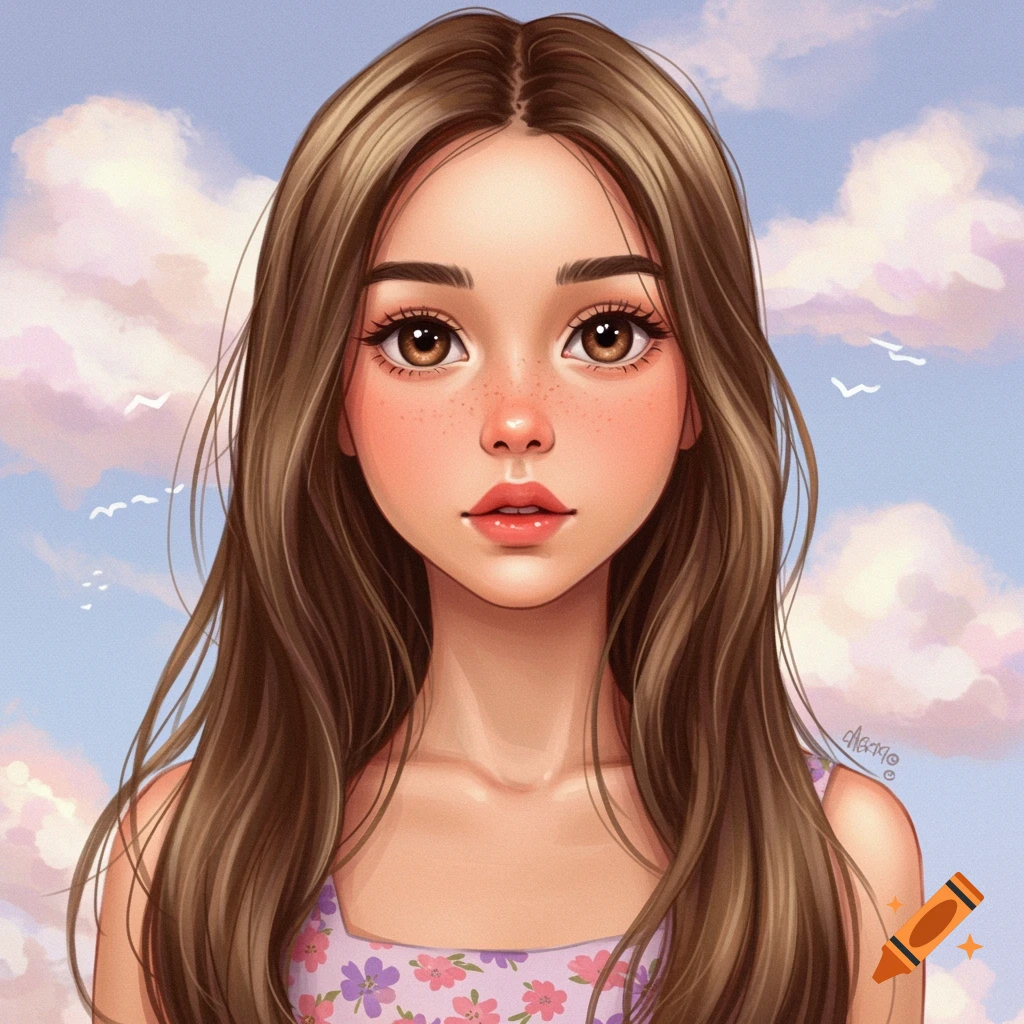 A young girl with brown hair in a floral dress against a cloudy sky.