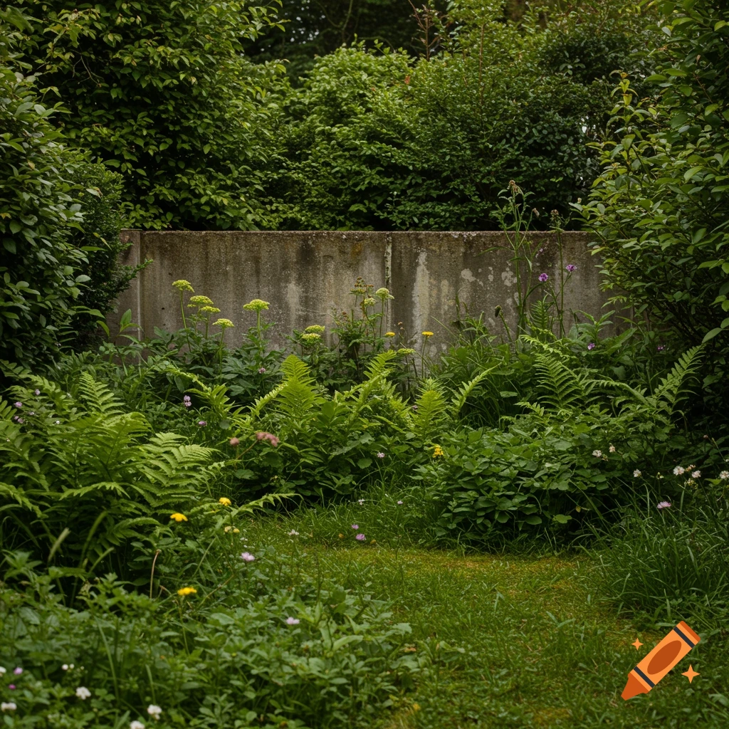 Photorealistic image of lush green plants, ferns, and flowers growing in front of a concrete wall.