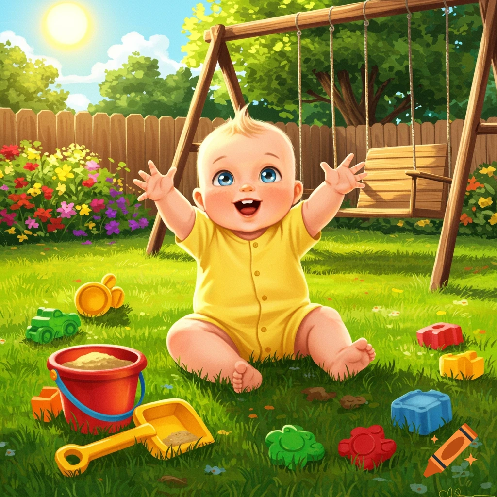 A happy baby playing in a sunny garden with toys and a swing set.