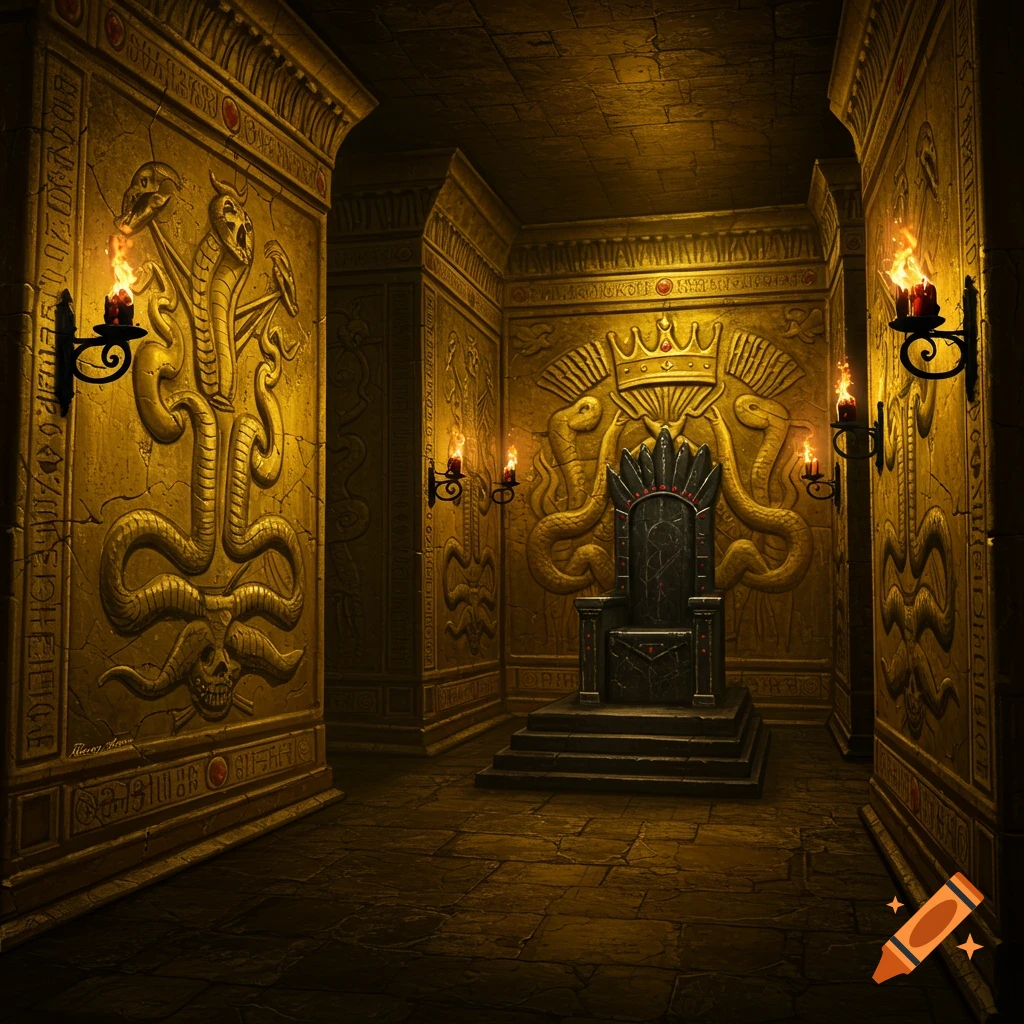 An underground throne room with golden walls carved with serpents and skulls, lit by torches.