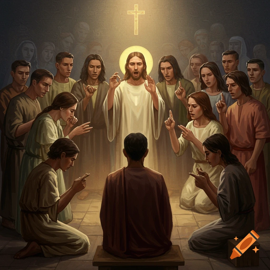 Jesus speaking to a group of disciples in a room with a cross.