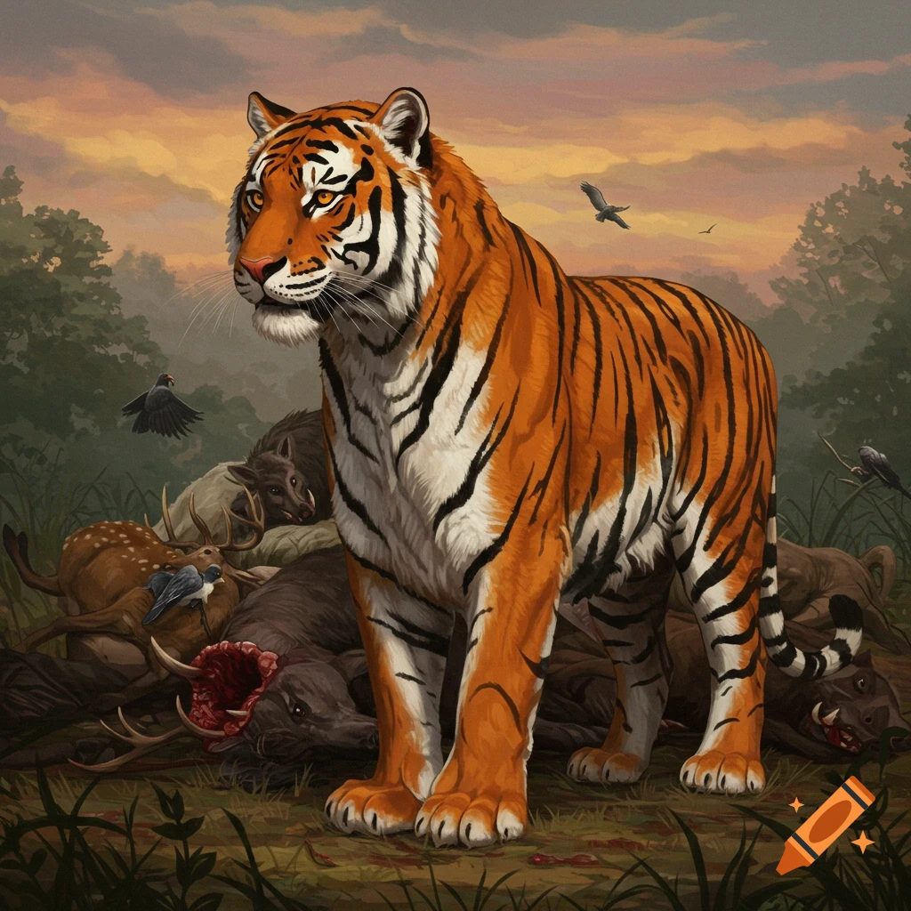 A tiger stands over a pile of dead animals in a forest at sunset.