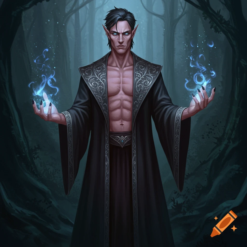 Muscular fantasy warlock casting blue magic in a dark forest.