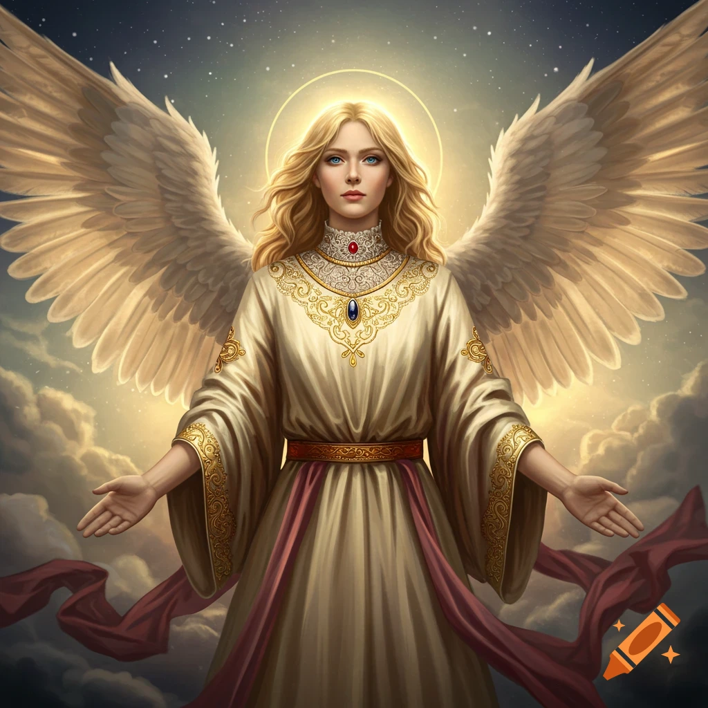 An angel with large wings and a halo stands in the clouds.