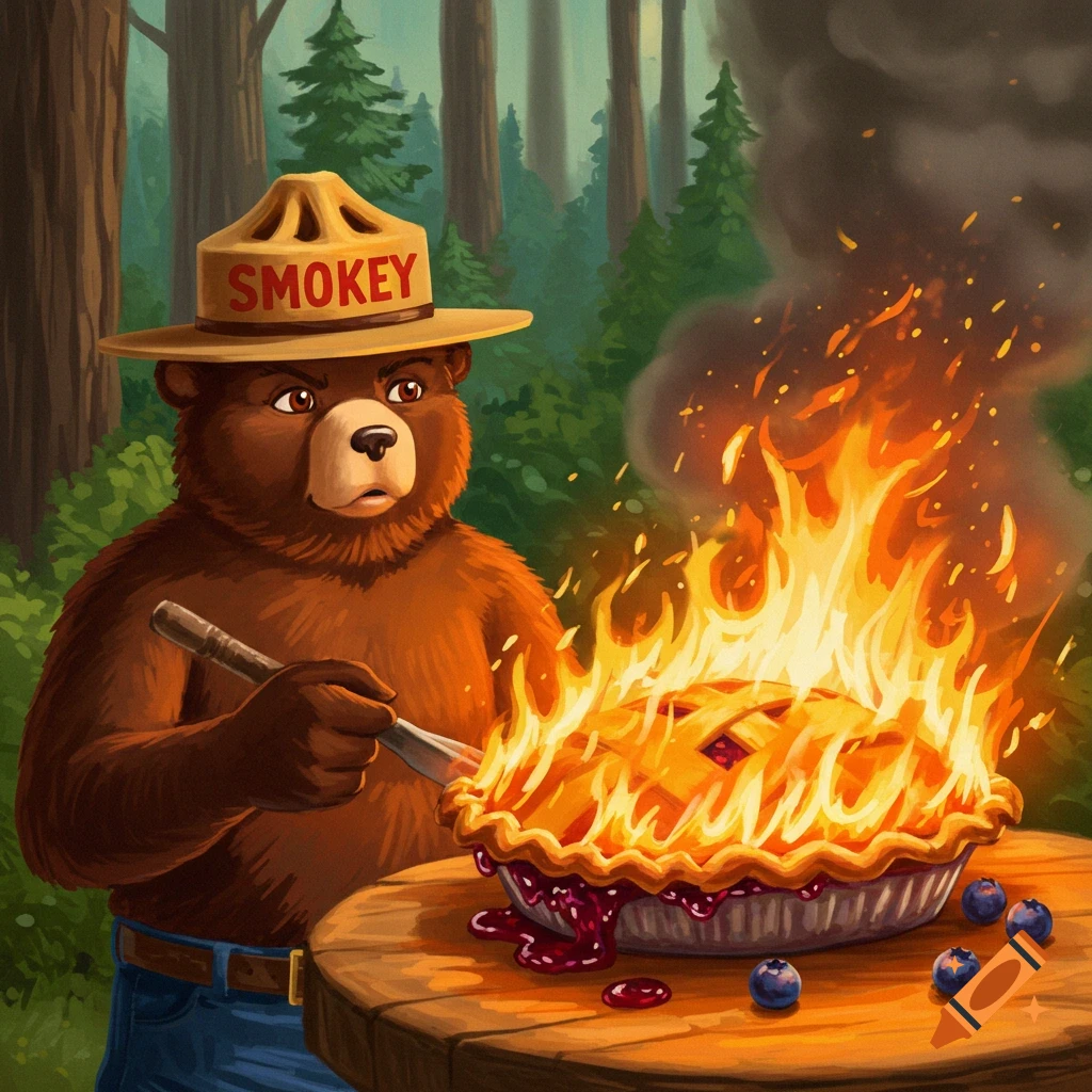 Smokey the Bear burning a pie in a forest.
