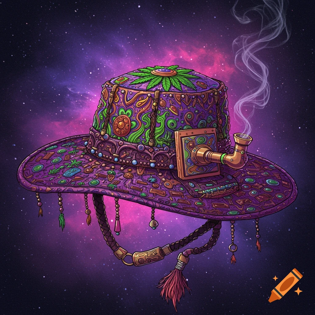 A vibrant psychedelic hat with a smoking pipe floating in space.