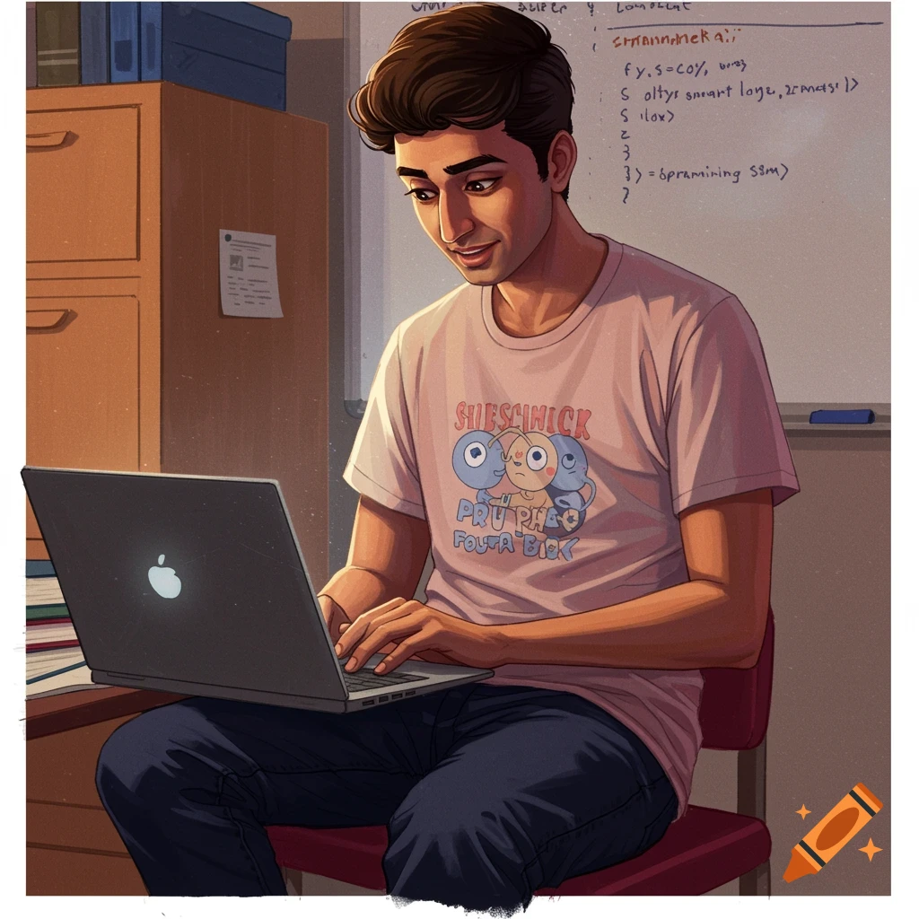 A young man working on a laptop in a room with a whiteboard.