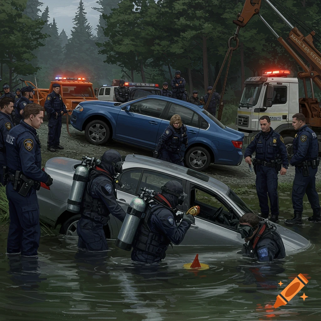 Police and dive team recovering a submerged car with a tow truck.