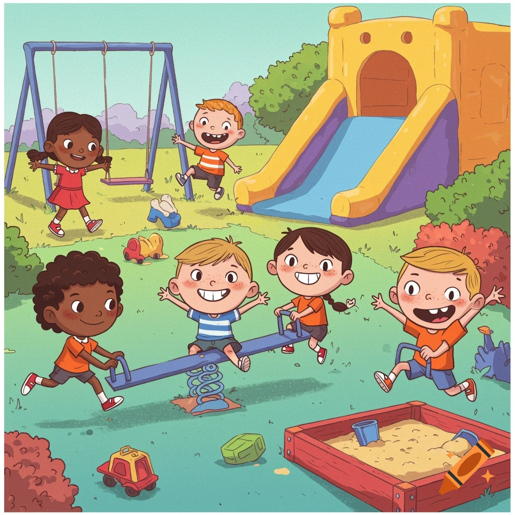 Cheerful cartoon illustration of diverse children playing in a vibrant playground with a seesaw, swings, slide, and sandbox.