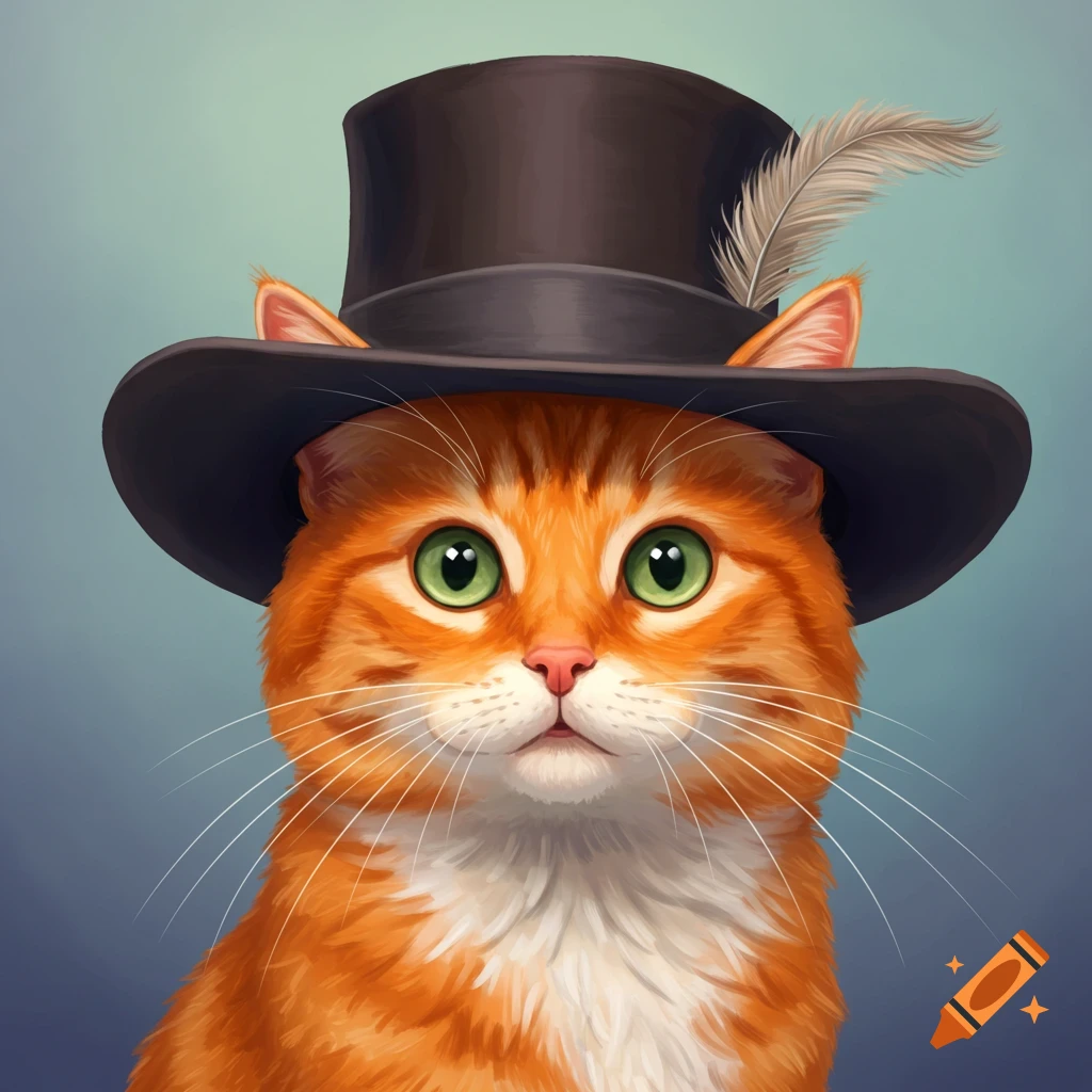 An orange cat wearing a top hat with a feather.