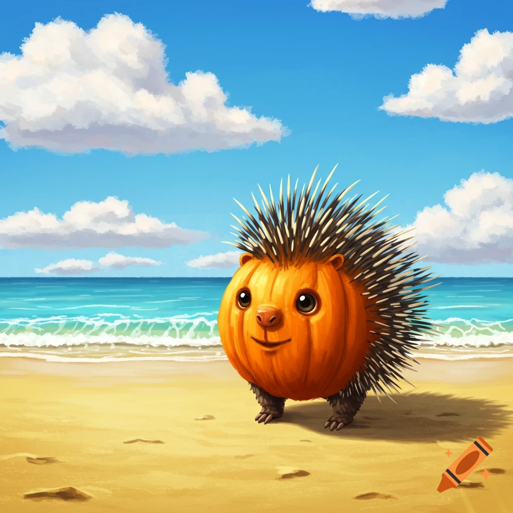 A cute porcupine-pumpkin hybrid stands on a sunny beach with ocean waves behind it.