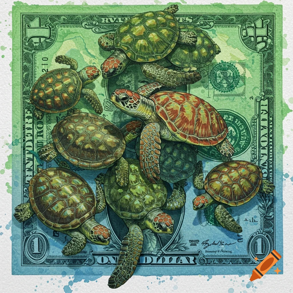 Several turtles are climbing on a green and blue US dollar bill in a watercolor style.