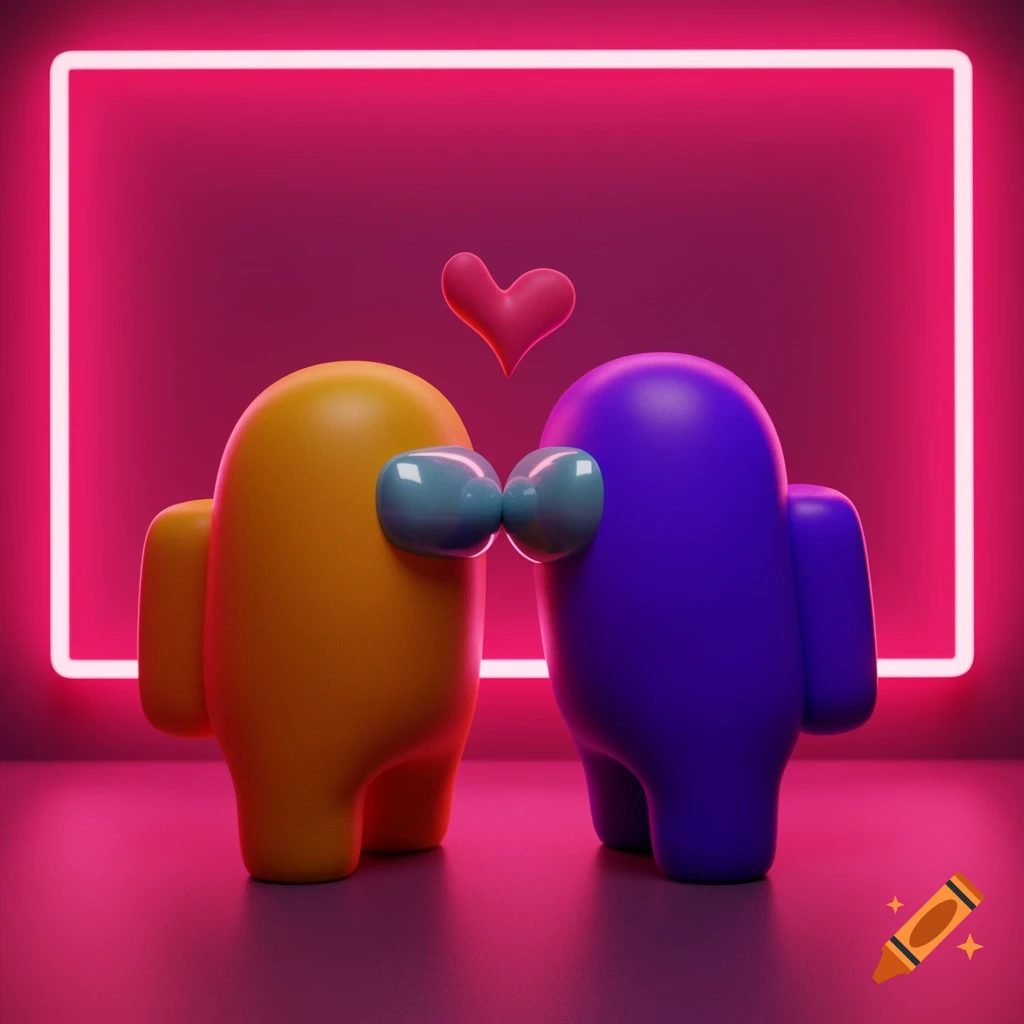 Orange and purple Among Us characters kissing under a pink neon frame in cartoon style.