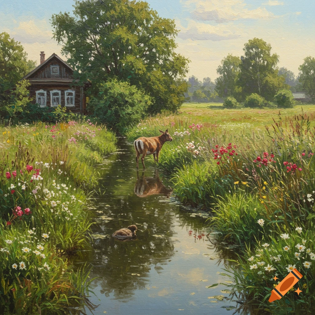 A deer stands in a stream beside a field of wildflowers, with a duck swimming nearby and a wooden house in the background. Painting style.