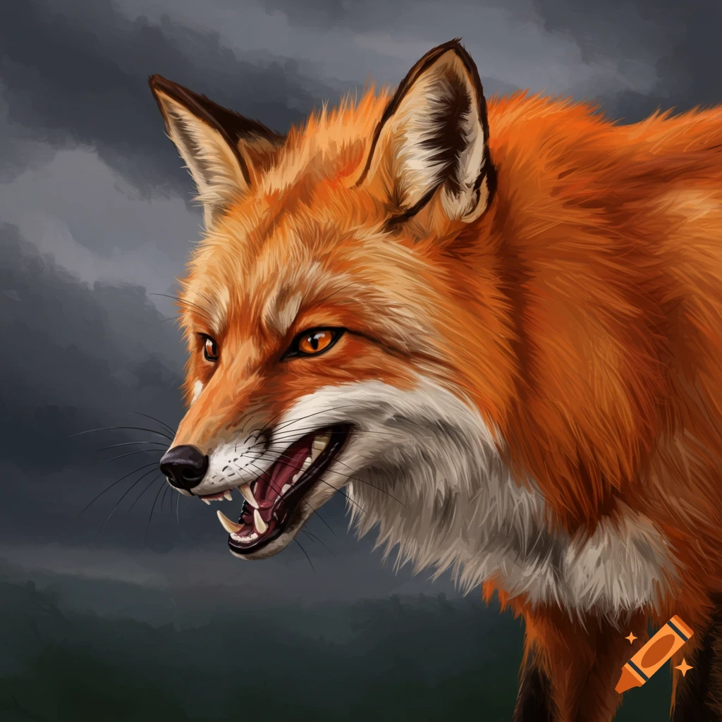 An angry red fox with bared teeth against a stormy sky.