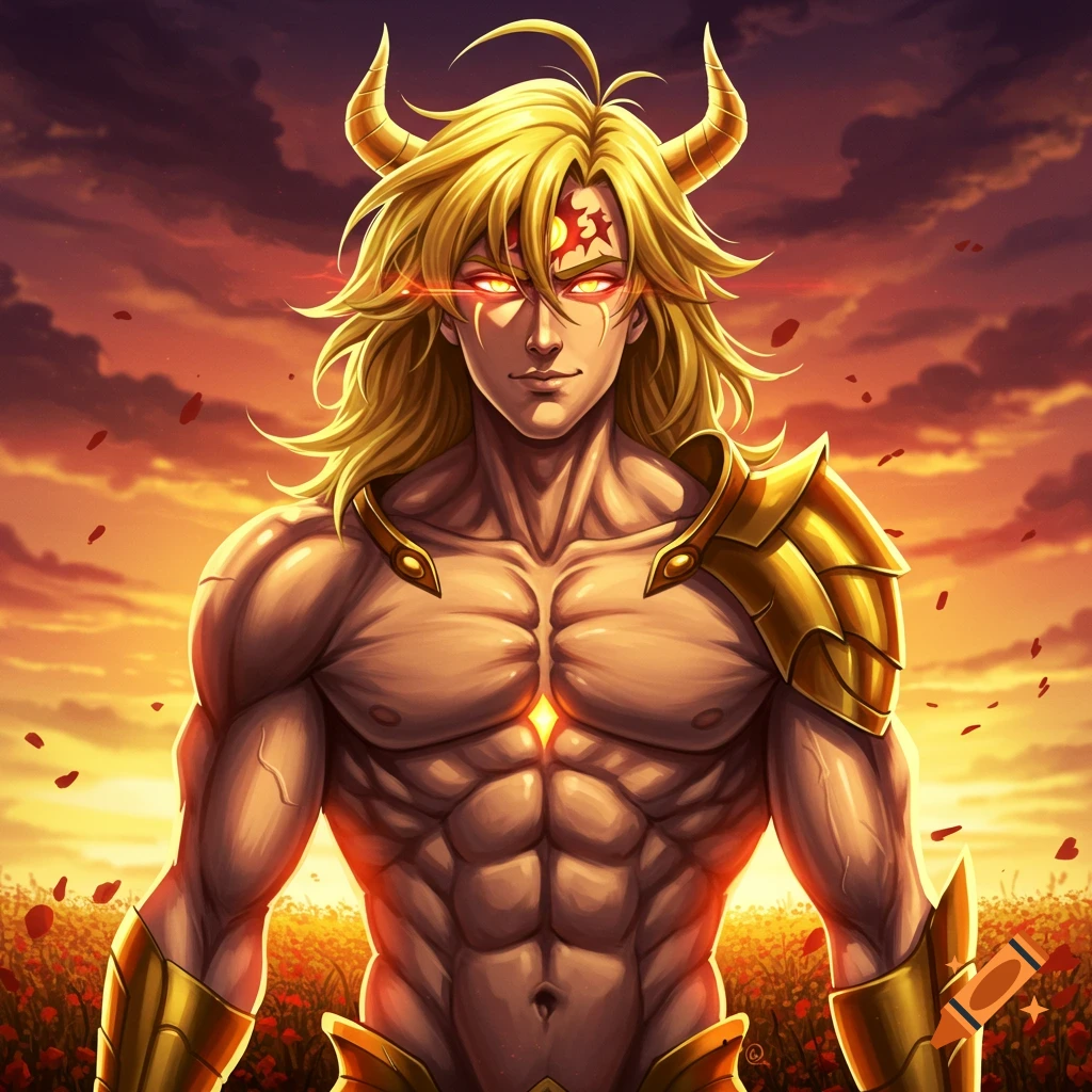 Anime style character with horns and golden armor in a field at sunset.