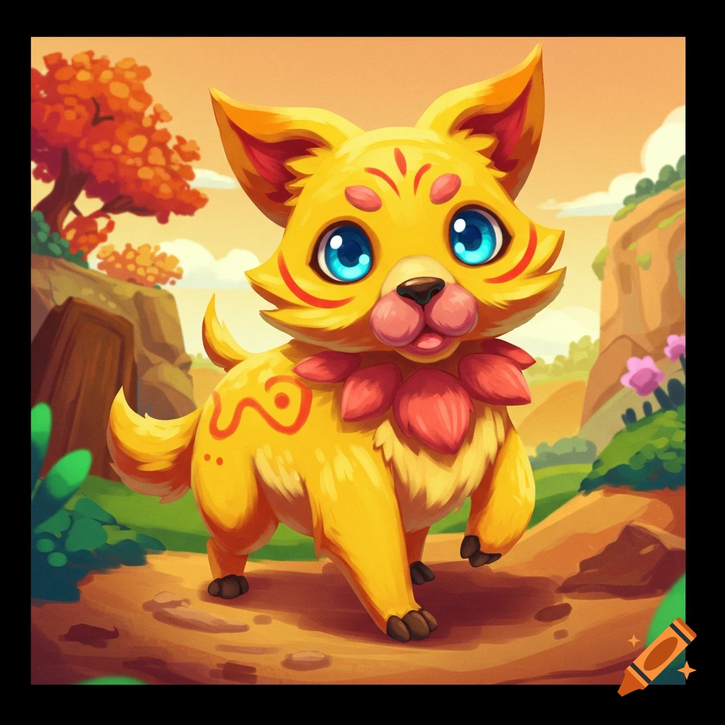 A stylized yellow furry creature with blue eyes on a path in a fantasy landscape.