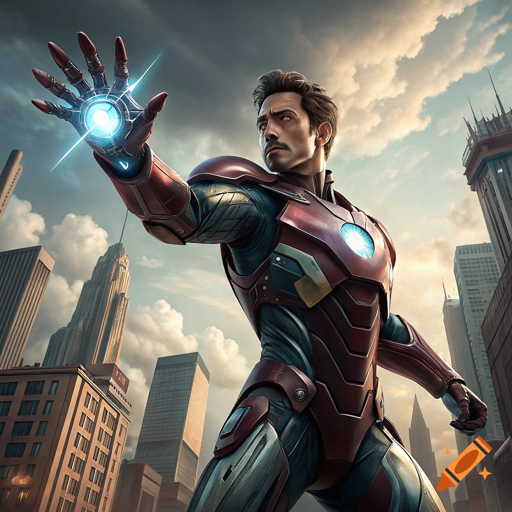Iron Man extends a glowing hand in a city