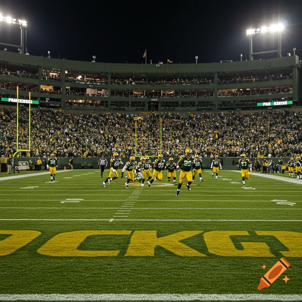 View of an American football game at night, showing players on the field and a stadium full of fans. The word "PACKERS" is visible on the field.