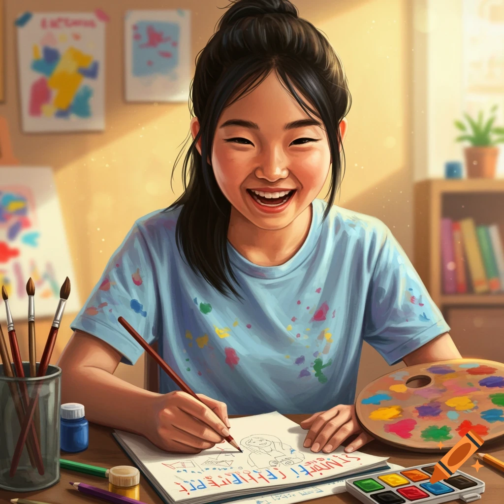 A young girl with paint splatters on her shirt draws in a sketchbook with art supplies around her in an art classroom.