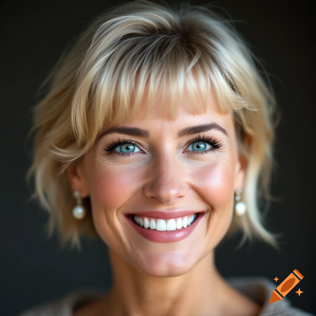 Close-up photorealistic portrait of a smiling woman with blonde hair and blue eyes.