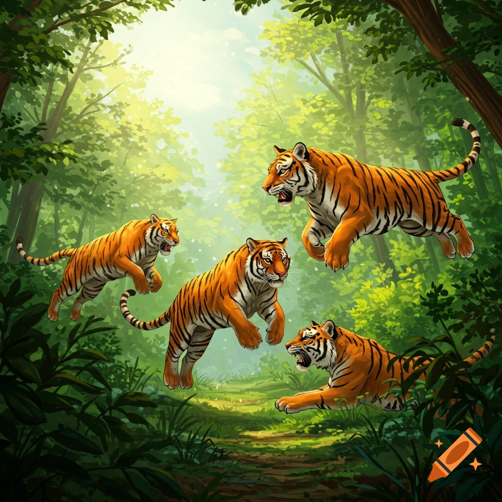 Several tigers jumping through a sunlit forest clearing.