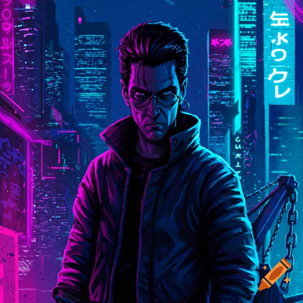 A man in a cyberpunk city at night. He wears a jacket and glasses, standing in front of neon-lit buildings.