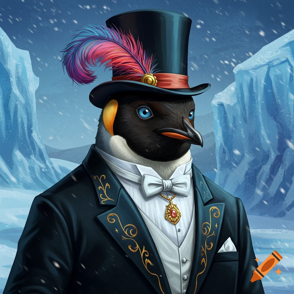 An emperor penguin in a formal suit, top hat, and bow tie stands in a snowy landscape.