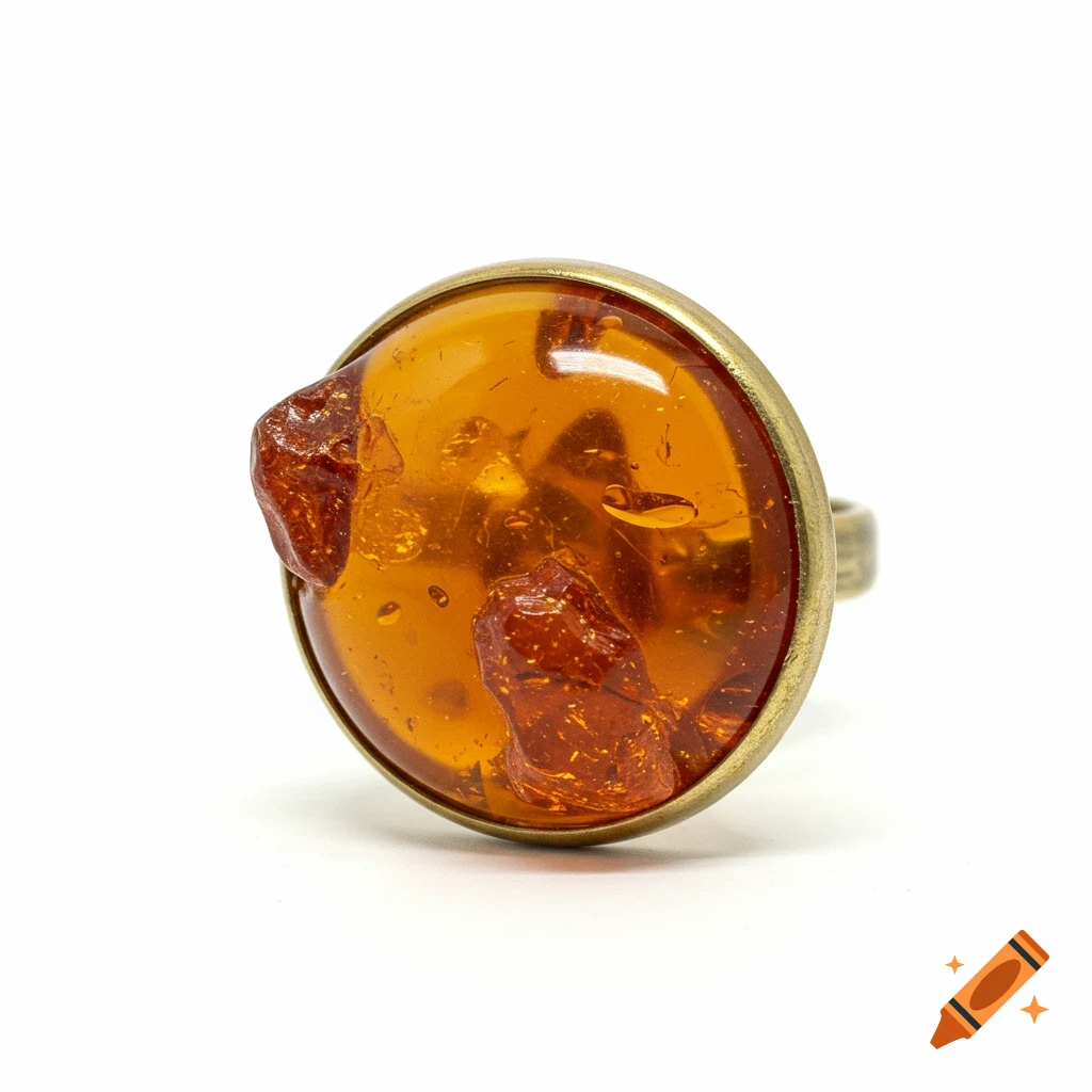 Close-up photo of a gold ring with a large amber stone.