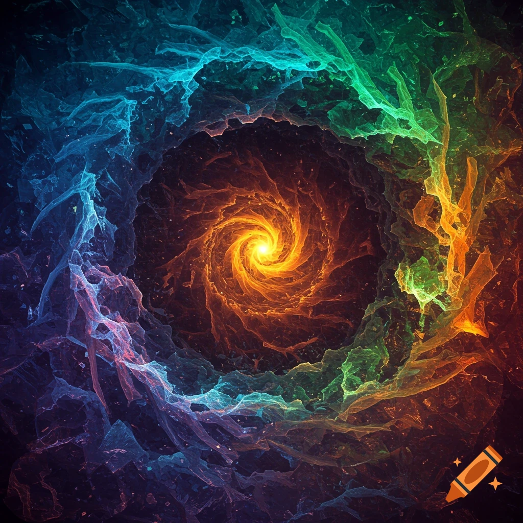 Abstract image of a swirling cosmic vortex with colorful fractal energy.