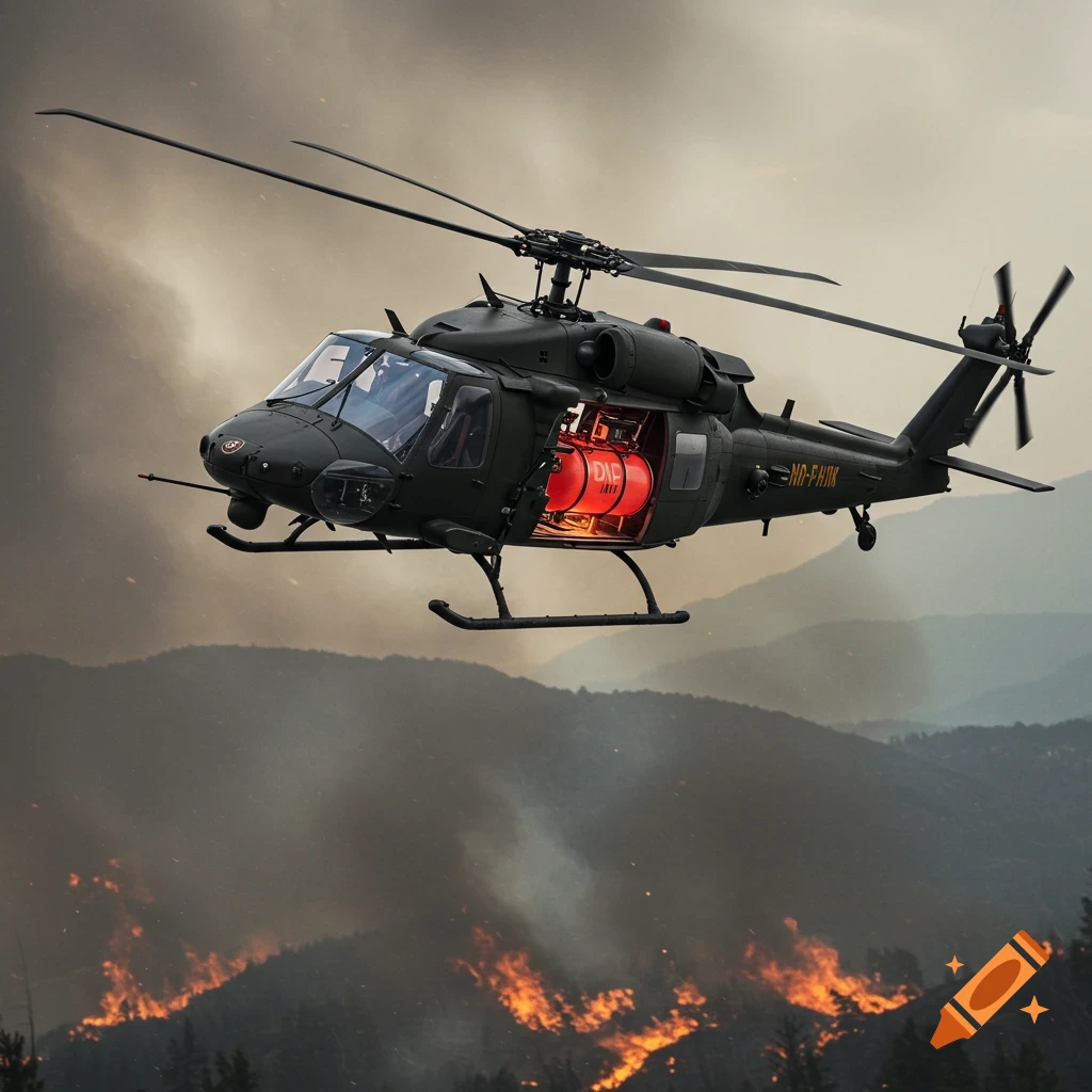 A dark green helicopter flies over a wildfire, showing an internal red water tank. Photorealistic.